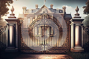 sturdy iron gates, with artistic scrollwork and detailed ornamentation, standing guard over grand manor house