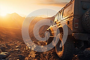 A sturdy jeep is parked confidently at the top of a rocky mountain, showcasing its off-road capabilities and the thrill