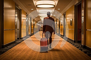 Sturdy Man suitcase luggage in hotel. Generate Ai