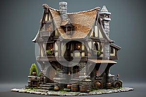 Sturdy Medieval house isometric illustration. Generate Ai