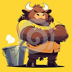 A sturdy ox sanitation worker cartoon style
