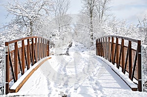 Sturdy rusty steel bridge in wintertime