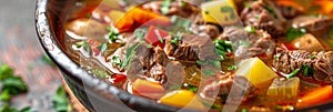 Sturdy Shurpa, Chorba or Shorba Soup with Mutton and Vegetables, Clear Homemade Halal Broth