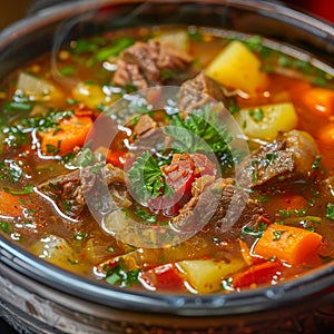 Sturdy Shurpa, Chorba or Shorba Soup with Mutton and Vegetables, Clear Homemade Halal Broth