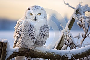 Sturdy Snowy owl tree branch. Generate Ai