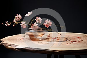 Sturdy Spring wooden table tree blossom. Generate Ai