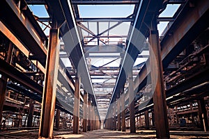 A sturdy steel construction featuring massive beams and welded columns, showcasing the industrial beauty of
