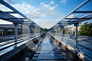 Sturdy steel framework on a flat roof against a clear sky, construction picture