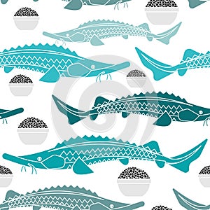 Sturgeon and black caviar pattern seamless. fish background. vector texture
