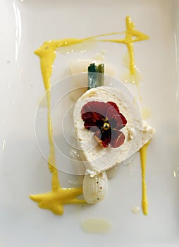 Sturgeon parfait and scallop carpaccio with young leek, saffron and safflower as a part of the wedding menu photo