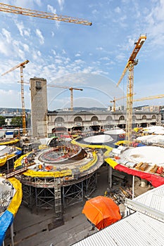 Stuttgart 21 construction site for new railway train station of Deutsche Bahn DB portrait format in Germany