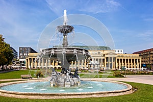 Stuttgart city Castle square Schlossplatz with fountain travel in Germany