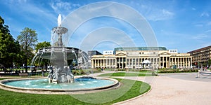 Stuttgart city Castle square Schlossplatz with fountain travel panorama in Germany