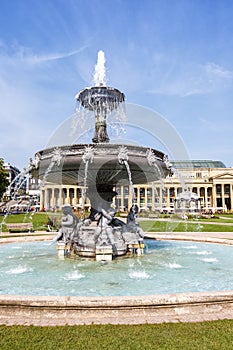 Stuttgart city Castle square Schlossplatz with fountain travel portrait format in Germany