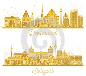Stuttgart and Dortmund Germany City Skyline Silhouettes with Golden Buildings Isolated on White