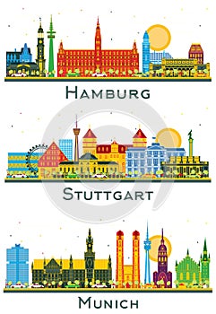 Stuttgart, Munich and Hamburg Germany city Skyline set with Color Buildings isolated on white. Cityscape with Landmarks