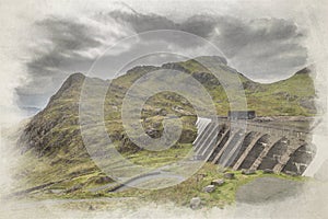 Stwlan Dam and the Moelwyn mountains digital watercolor painting