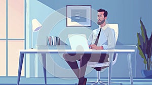 In the style of a 2D illustration, a man office worker is depicted working at a desk with proper posture