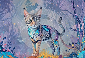 style alcohol ink painting with iridescent splatter and use goldleaf. We see a walking Bengal cat in a fractal jungle. All super photo