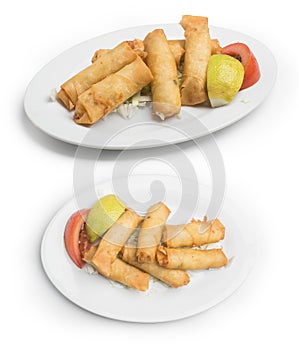 Style cheese stuffed filo dough rolls, Lebanese rkakat cheese on white background, Clipping Path included