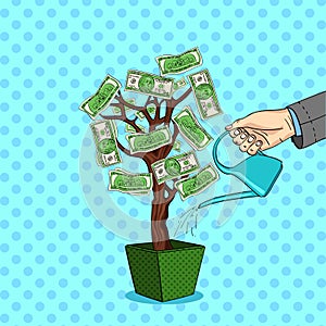 Style comics vector pop art. A mans hand pours a money tree with green dollars. Watering can with water.