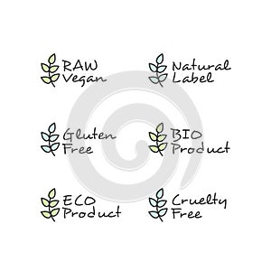 Style Illustration Logo Set Badge Ingredient Warning Label Icons. GMO, SLS, Paraben, Cruelty, Sulfate, Sodium, Phosphate, Silicone