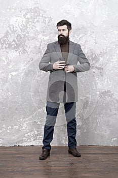 Style and intelligence. Man handsome bearded businessman wear luxury formal suit. Menswear and fashion concept. Guy