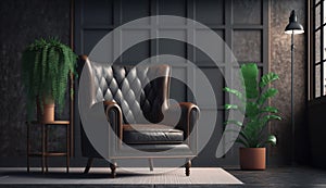 Style loft interior with leather armchair on dark wall background. Generative AI