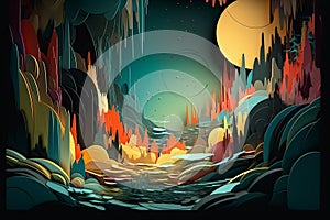 in the style of multidimentional layered paper cut interior of a cave with river , generated by AI