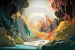 in the style of multidimentional layered paper cut interior of a cave with river , generated by AI