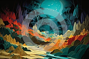 in the style of multidimentional layered paper cut interior of a cave with river , generated by AI