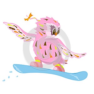 In the style of owl rushes on a snowboard in the snow