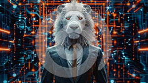This style portrait of an anthropomorphic animal is a glamorous portrait of a white lion wearing an elegant suit and tie, posed in photo