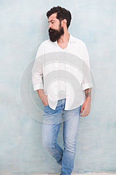 Style tips for men. handsome attractive hipster. Fashion male model. Mature hipster with beard. brutal man has brunette