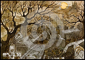 Styled grunge illustration of old abandoned cemetery with scary tombstones, crosses and graves against moon and castle at night
