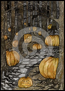 Styled painted illustration with path or trailway, scary pumpkin head and lanterns hiding behind the  gloomy trees in dark forest