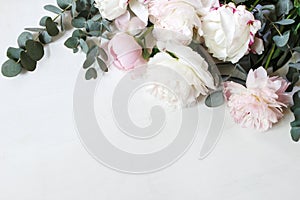 Styled stock photo. Decorative still life floral composition. Wedding or birthday bouquet of pink and white peony