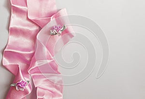 Styled stock photo. Feminine wedding desktop mockup with baby`s breath Gypsophila flowers, dry green eucalyptus leaves, satin