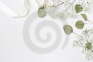 Styled stock photo. Feminine wedding desktop mockup with baby`s breath Gypsophila flowers, dry green eucalyptus leaves