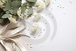 Styled stock photo. Feminine wedding desktop mockup with baby's breath Gypsophila flowers, dry green eucalyptus leaves