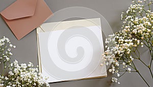 Styled stock photo. Feminine wedding desktop stationery mockup with blank greeting card, baby`s breath Gypsophila