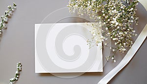 Styled stock photo. Feminine wedding desktop stationery mockup with blank greeting card, baby`s breath Gypsophila