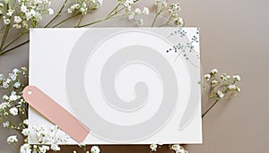 Styled stock photo. Feminine wedding desktop stationery mockup with blank greeting card, baby`s breath Gypsophila