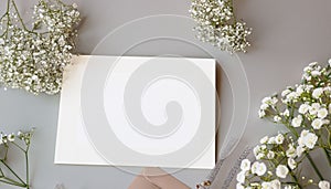 Styled stock photo. Feminine wedding desktop stationery mockup with blank greeting card, baby`s breath Gypsophila