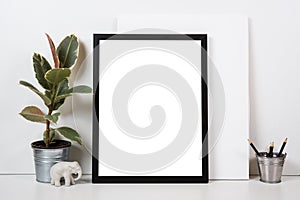 Styled tabletop, empty frame, painting art poster interior mock-