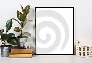 Styled tabletop, empty frame, painting art poster interior mock-