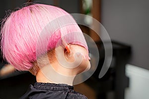 Styling and cutting dyed pink hair of young model back view in a hairdressing salon. Pink short hairstyle.