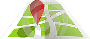 Stylised green map with red GPS dot. Flat design, object on white, design element