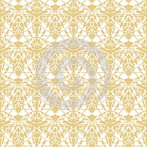 Stylised ornamental seamless vector honey bee pattern in yellow on white.