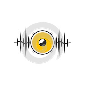 Stylised yellow speaker on dark waves. Minimalistic sound logo on white background. Vector illustration